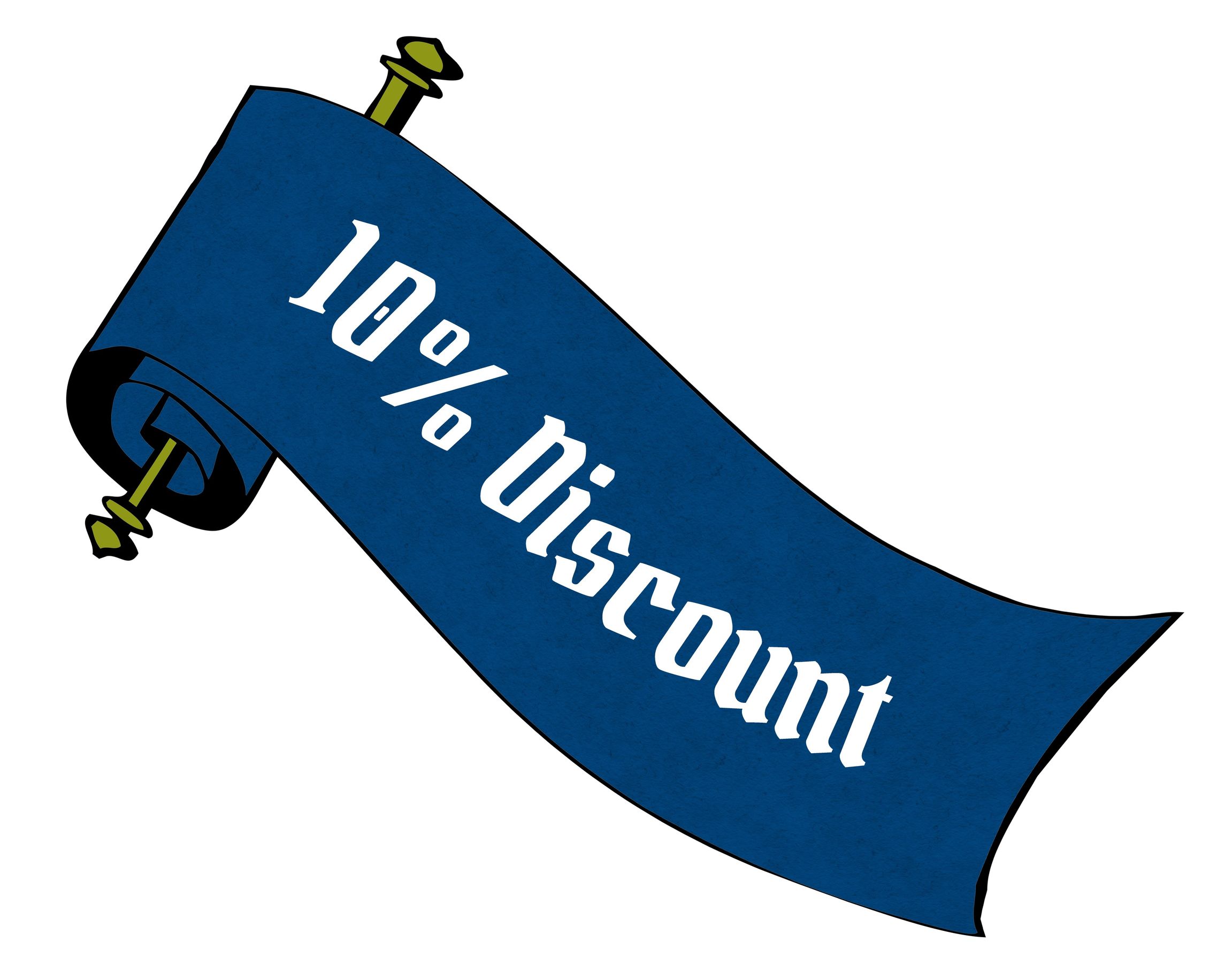 10 PERCENT DISCOUNT on blue paper scroll cartoon. Illustration image
