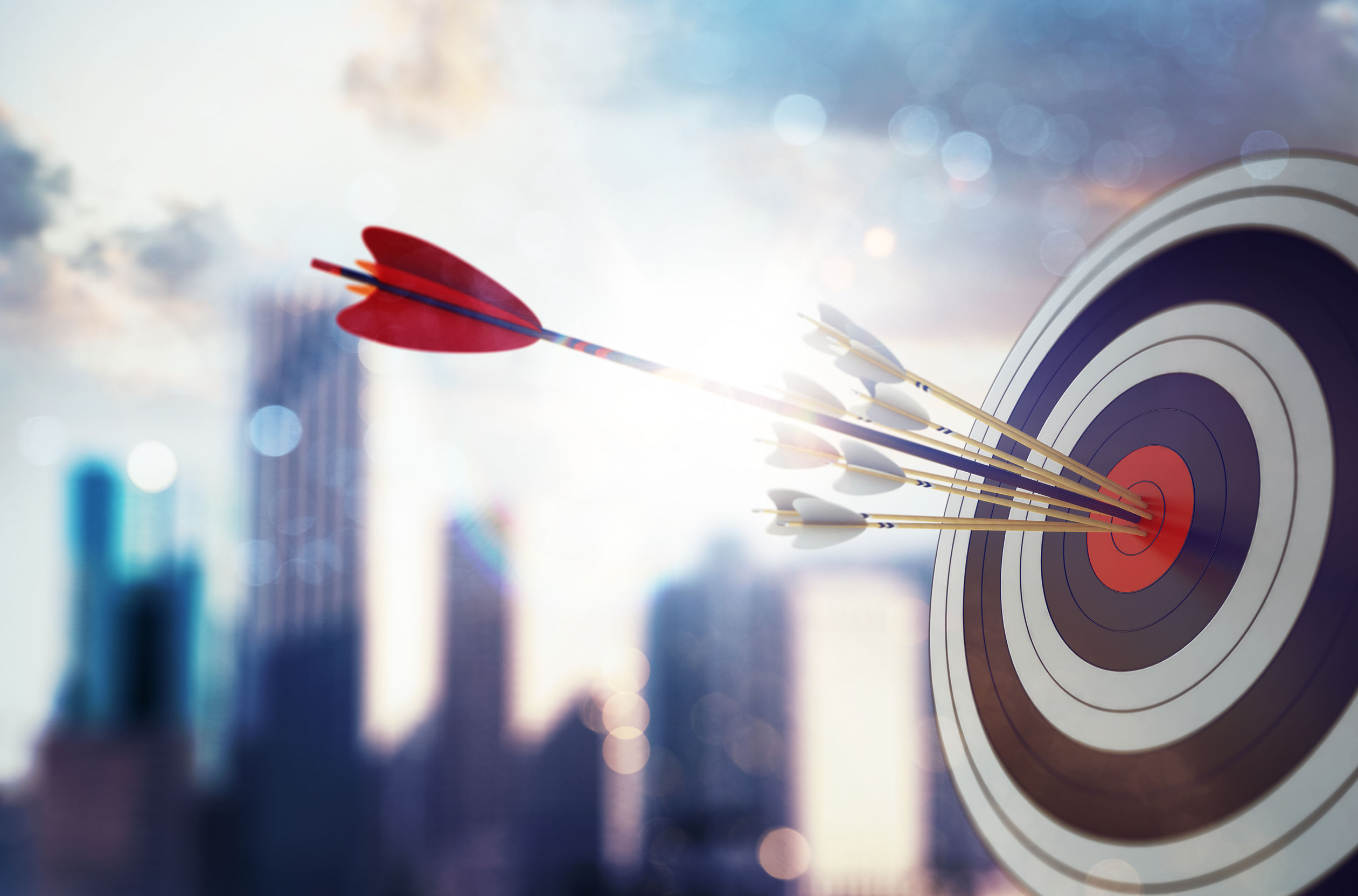 Target hit in the middle by arrow. Business concept of victory. 3D Rendering