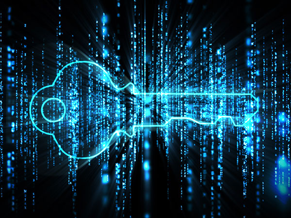 Blue glowing key on blue glowing computer matrix