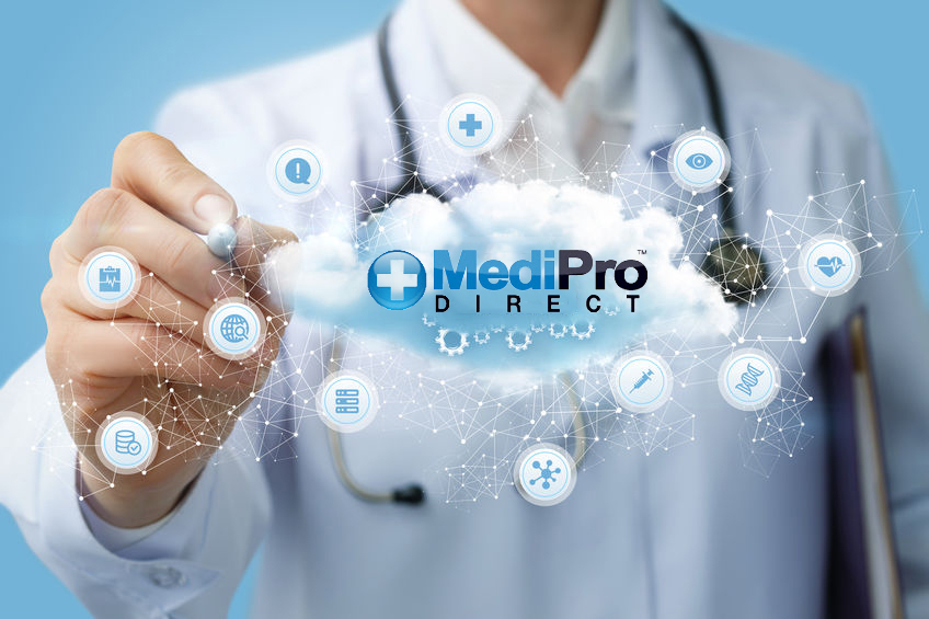 Doctor draws the structure of the data cloud on a blue background.