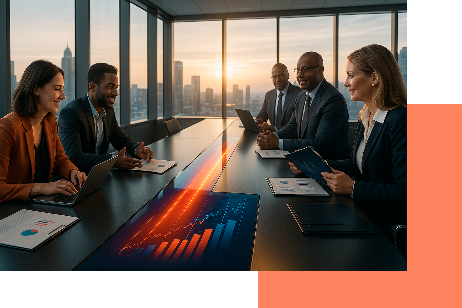 Insurtech Express executives and sales leaders meeting in a modern boardroom, reviewing revenue growth charts and discussing faster market penetration for life insurance and InsurTech companies.