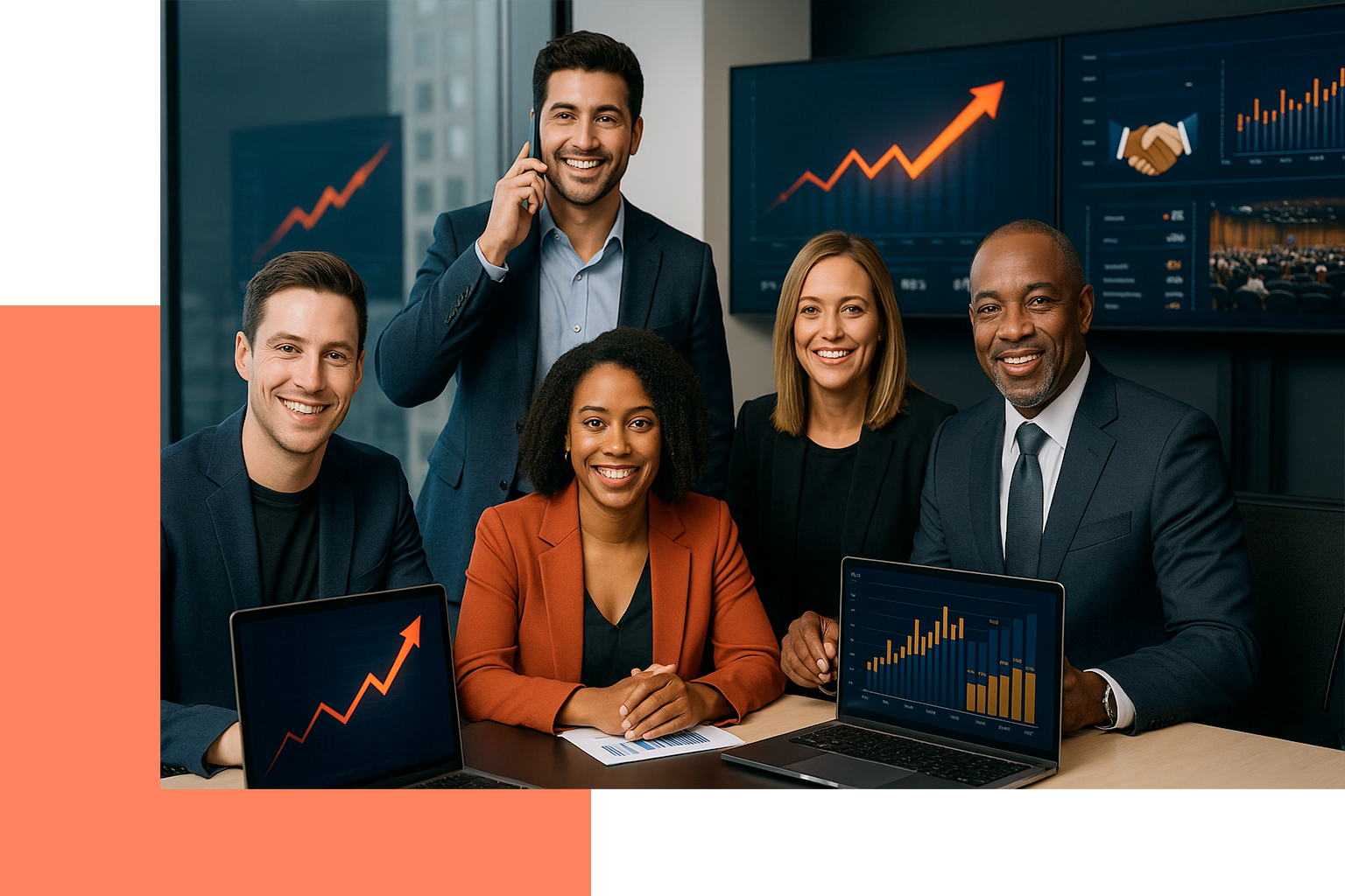 Insurtech Express sales and growth team reviewing revenue analytics on laptops, showcasing outsourced sales solutions and revenue acceleration for insurance and InsurTech companies.