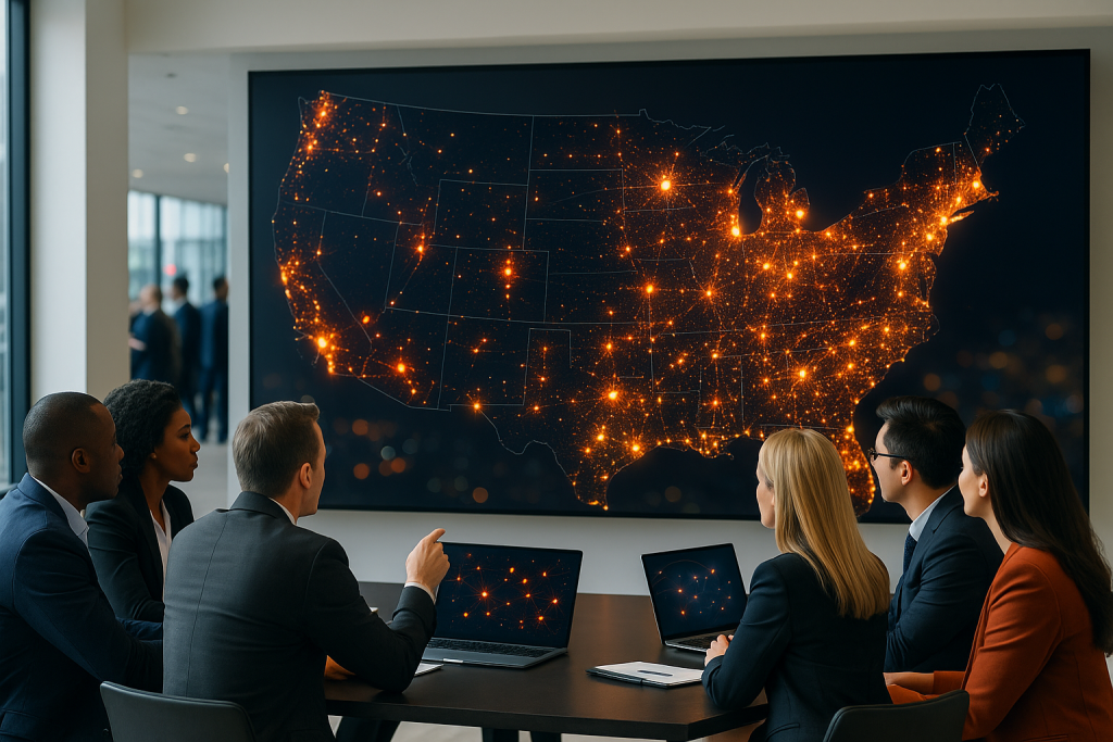 InsurTech Express executives reviewing nationwide insurance and InsurTech market reach using data-driven insights.